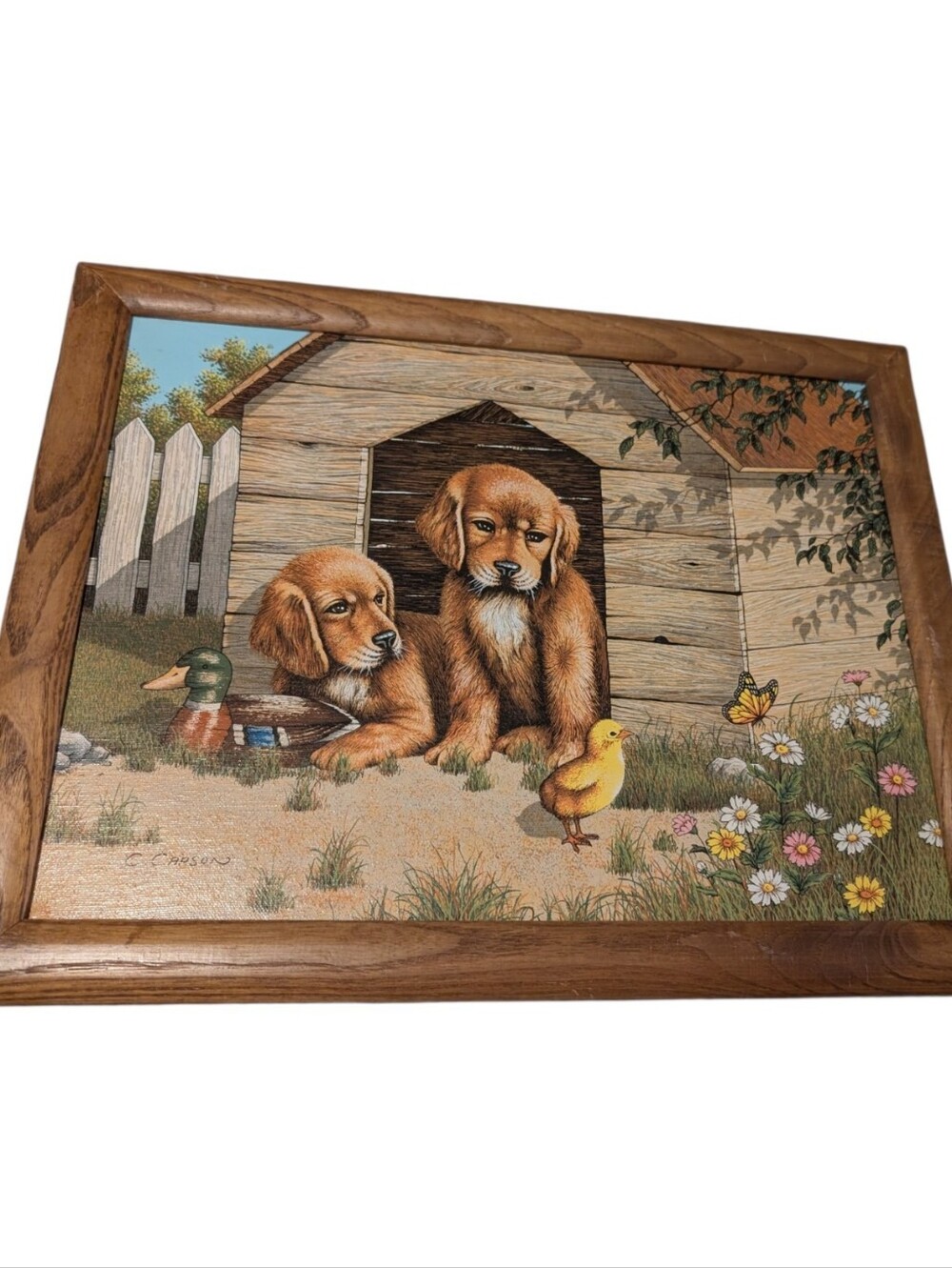 Vintage Framed C. Carson Puppy Dogs Painting Print - 14" x 18" Country Doghouse